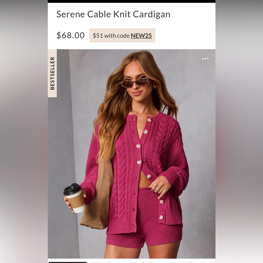 Vici Serene Pink Cable Knit Cardigan and Shorts Set